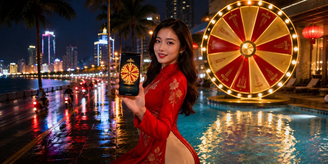 Người phụ nữ mặc áo dài chơi roulette trực tuyến với khung cảnh Đà Nẵng hiện đại