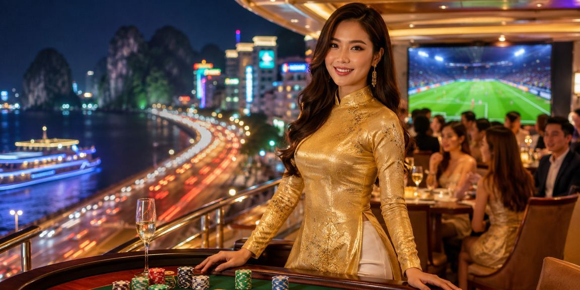 Người mặc áo dài đặt cược bóng đá với phong cảnh vịnh Hạ Long